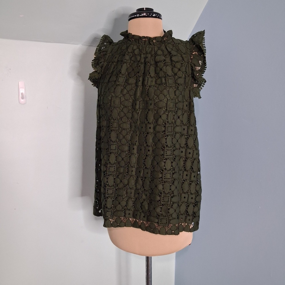 Maeve Anthropologie Olive Green Geometric Lace Ruffle Neck Flutter Sleeve Top 4